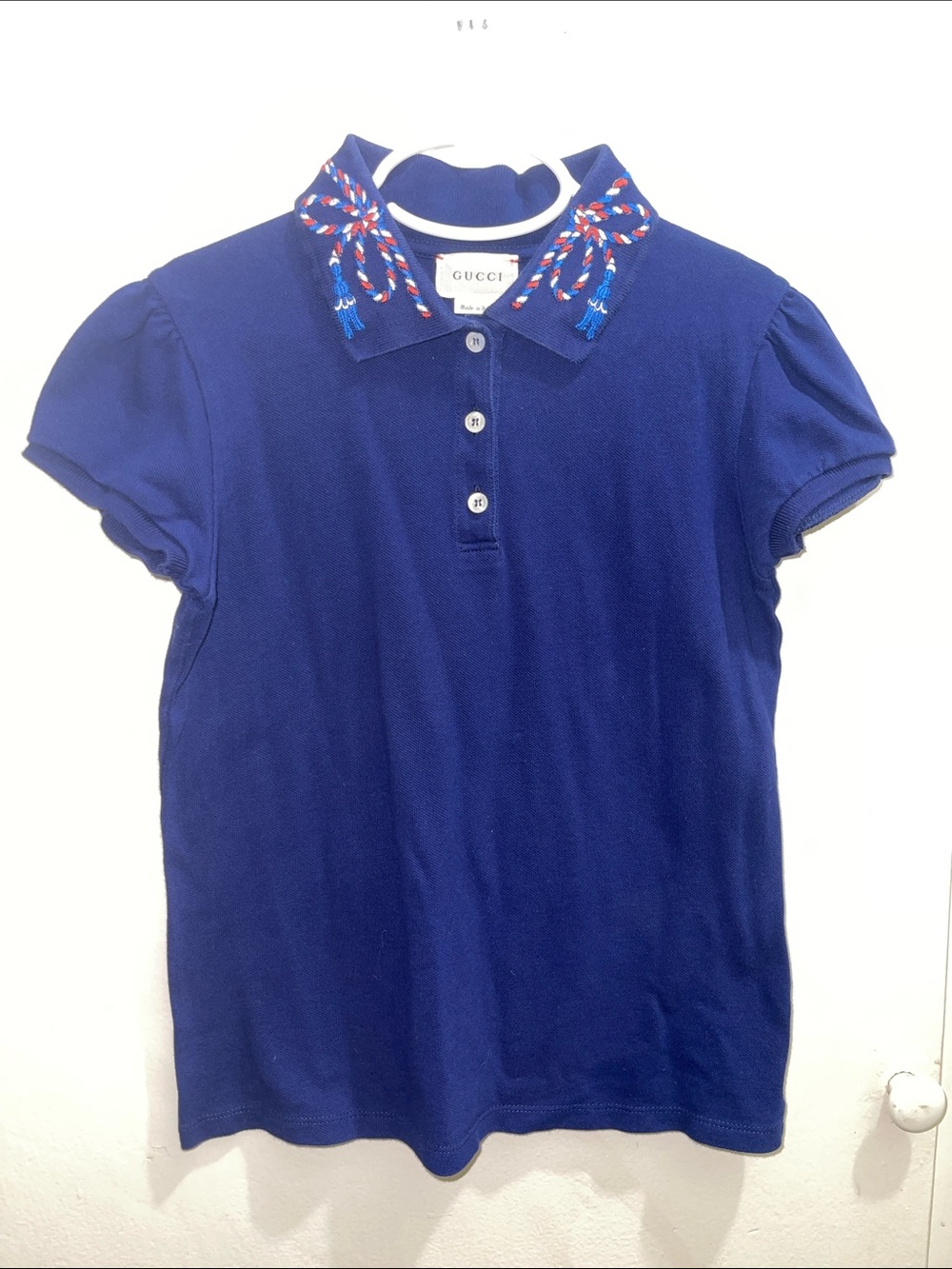Gucci Girls' Royal Blue Polo with Embroidered Ribbon Collar Sz 7/8